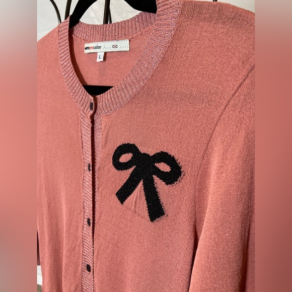 New Corey Lynn Calter CLC Anthropologie Bow Intarsia Knit Cardigan Metallic L - Picture 3 of 5